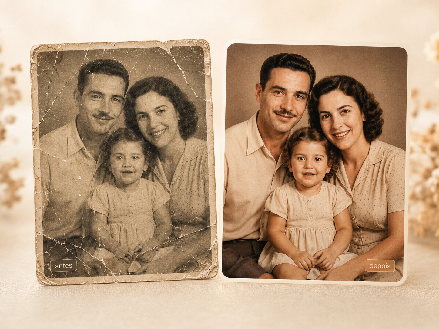 Restauração de foto antiga — antes e depois com IA