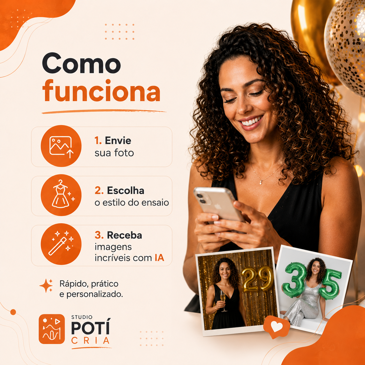 Como funciona: envie sua foto, escolha o estilo e receba o ensaio