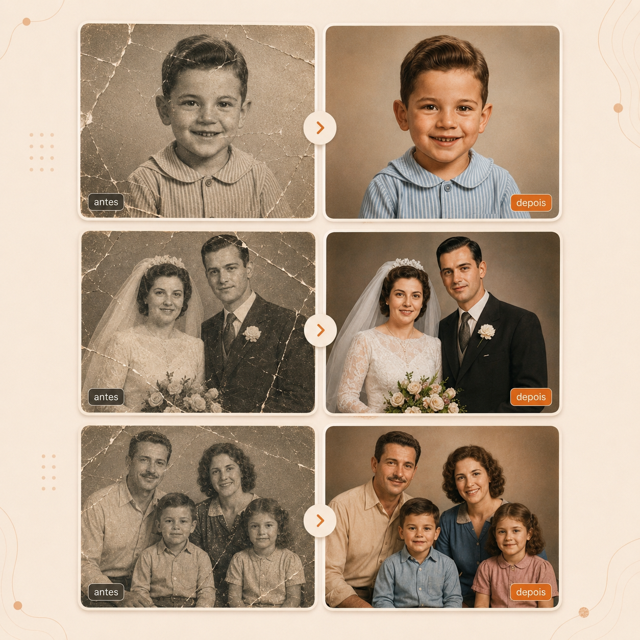 Restauração de fotos antigas — 3 pares antes e depois com IA